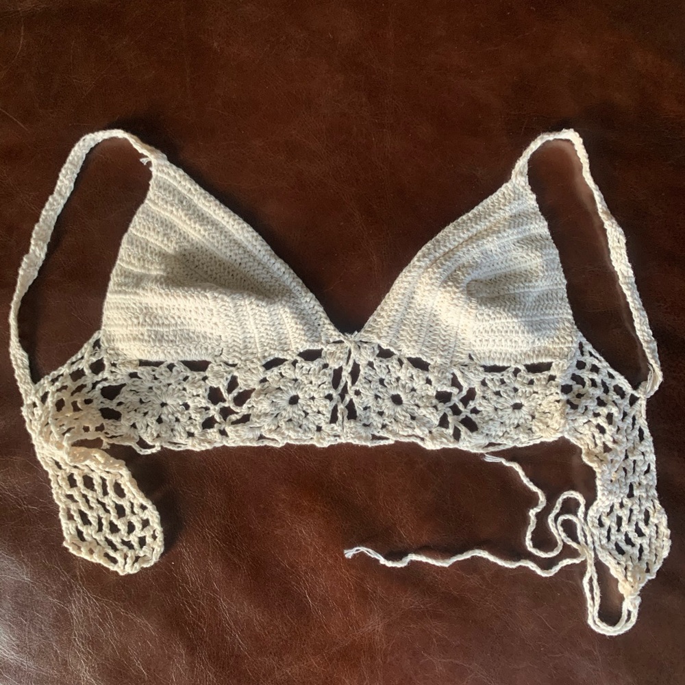 Cream Macrame Crop Top / Bralette Knit Crochet